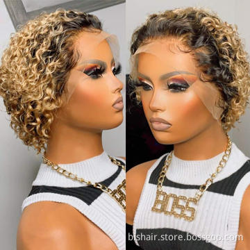 Wholesale curly hair bob head T lace front 1B/27 wig Remy real human hair 13x4 T part short lace front wig suitable for women